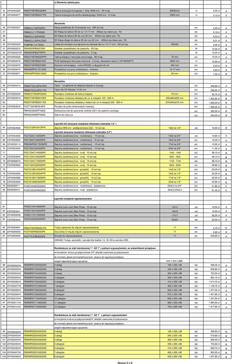 2000 mm m 3,10 zł A Akcesoria 46 UFH0050227 FBMACLI120P300P0 Klipsy plastikowe do mocowania rury - 300 szt./op. szt. 0,20 zł A 47 FBMACLI117P40000 3D-Klipsy do takera 3D do rur 14-17 mm - 400szt.