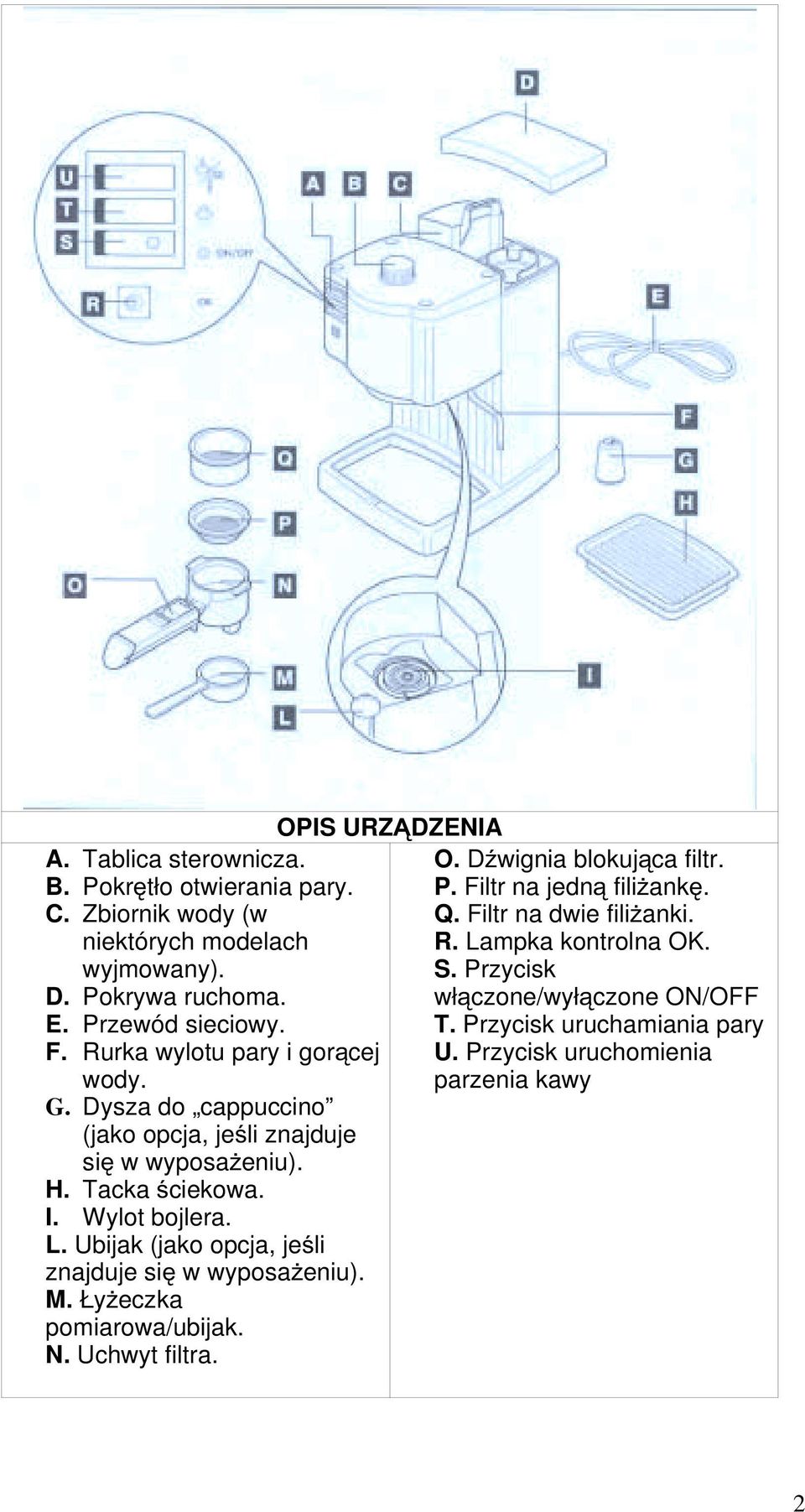 Ubijak (jako opcja, jeśli znajduje się w wyposażeniu). M. Łyżeczka pomiarowa/ubijak. N. Uchwyt filtra. OPIS URZĄDZENIA O. Dźwignia blokująca filtr. P.