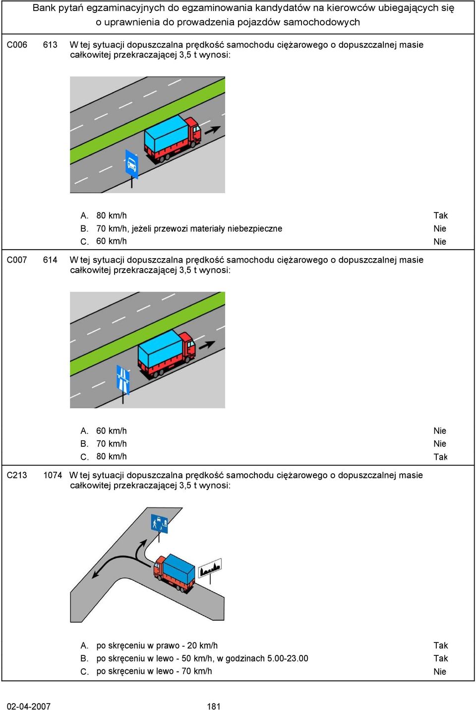 60 km/h Nie C007 614 W tej sytuacji dopuszczalna prędkość samochodu ciężarowego o dopuszczalnej masie całkowitej przekraczającej 3,5 t wynosi: A. 60 km/h Nie B.