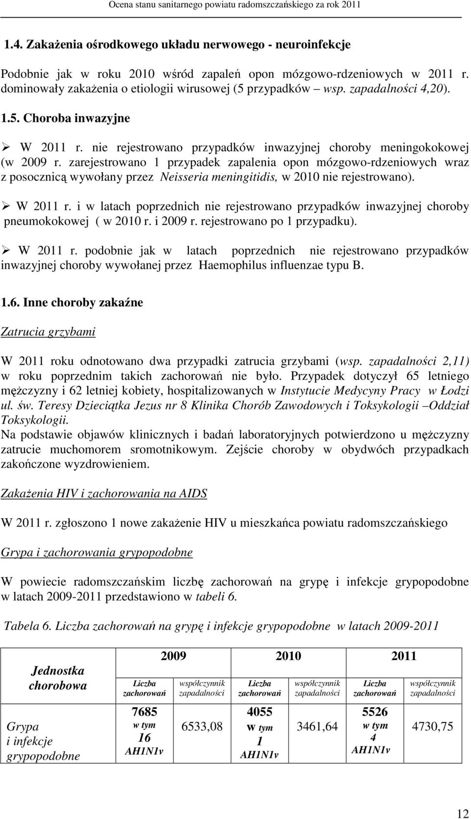 zarejestrowano 1 przypadek zapalenia opon mózgowo-rdzeniowych wraz z posocznicą wywołany przez Neisseria meningitidis, w 2010 nie rejestrowano). W 2011 r.