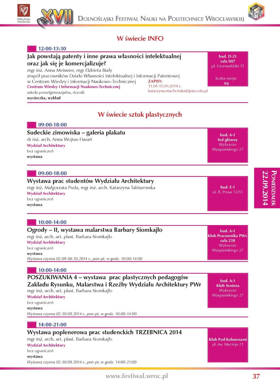 Naukowo-Technicznej szkoła ponadgimnazjalna, dorośli wycieczka, 11.08-15.09.2014 r. katarzyna.machcinska@pwr.edu.pl bud. D-21 sala 007 pl.