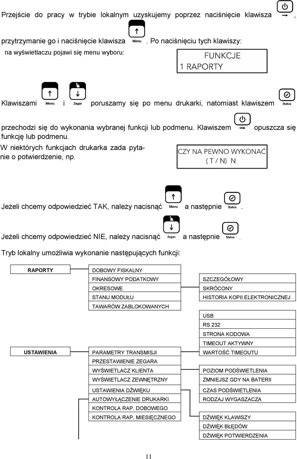 W niektórych funkcjach drukarka zada pytanie o potwierdzenie, np. opuszcza się Jeżeli chcemy odpowiedzieć TAK, należy nacisnąć a następnie. Jeżeli chcemy odpowiedzieć NIE, należy nacisnąć a następnie.