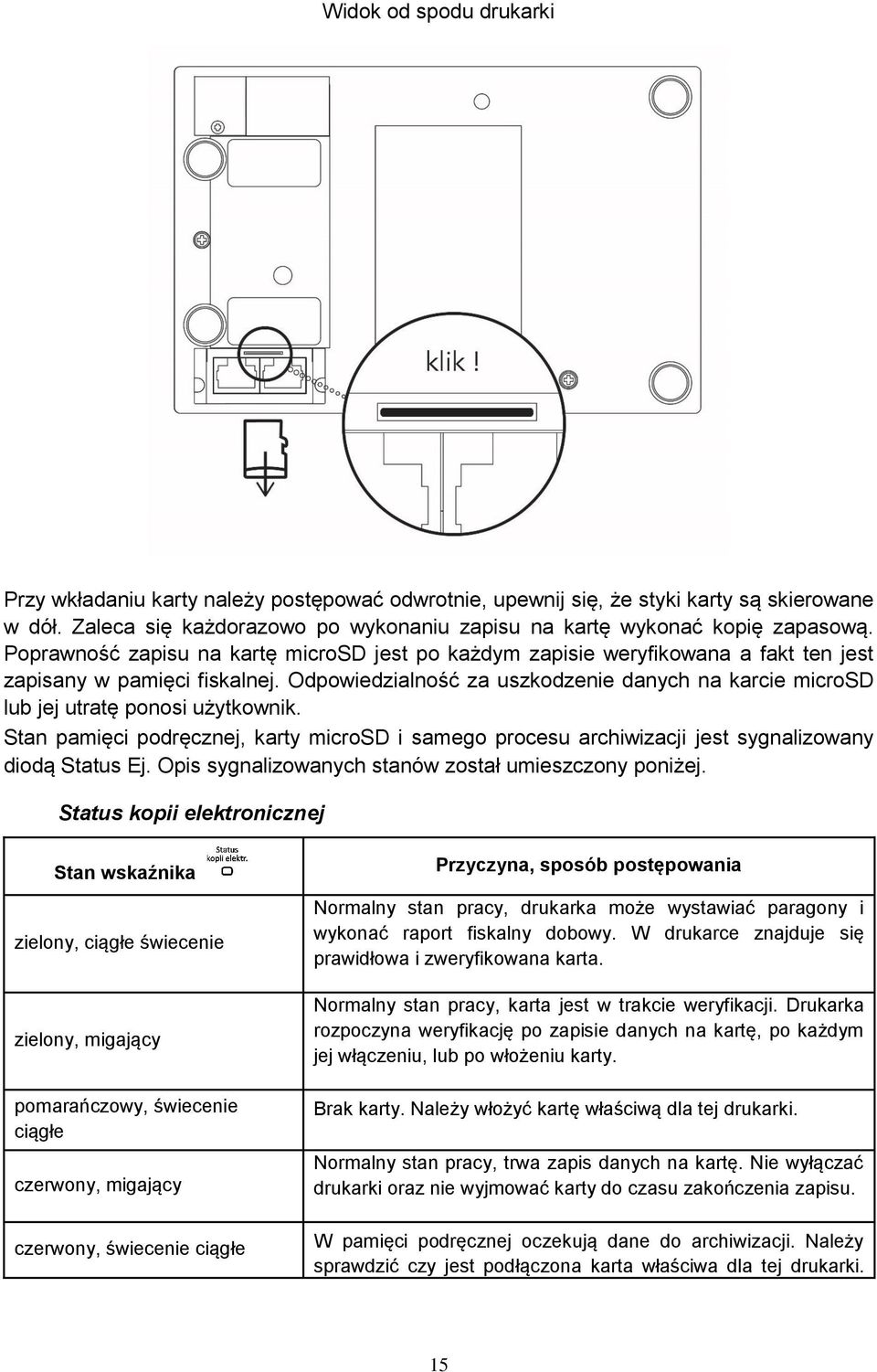 Odpowiedzialność za uszkodzenie danych na karcie microsd lub jej utratę ponosi użytkownik. Stan pamięci podręcznej, karty microsd i samego procesu archiwizacji jest sygnalizowany diodą Status Ej.