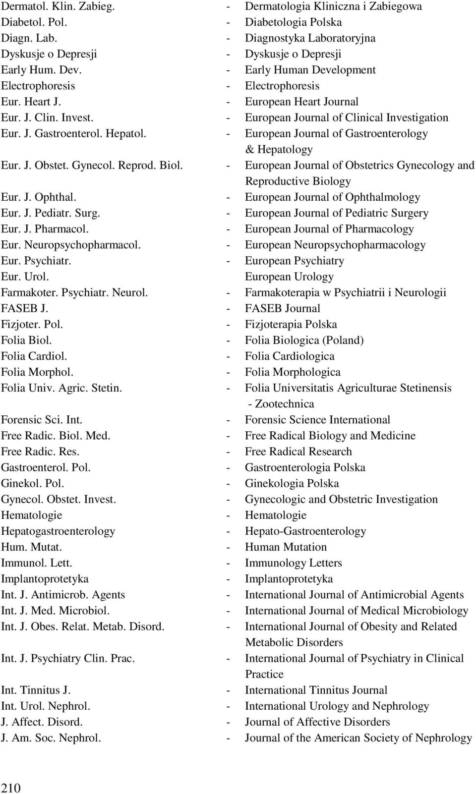 - European Journal of Gastroenterology & Hepatology Eur. J. Obstet. Gynecol. Reprod. Biol. - European Journal of Obstetrics Gynecology and Reproductive Biology Eur. J. Ophthal.