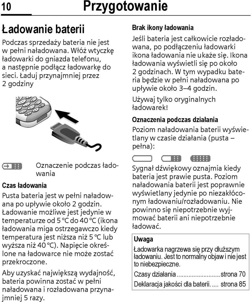 Ładowanie możliwe jest jedynie w temperaturze od 5 C do 40 C (ikona ładowania miga ostrzegawczo kiedy temperatura jest niższa niż 5 C lub wyższa niż 40 C).