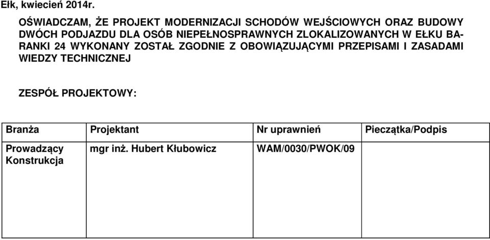 NIEPEŁNOSPRAWNYCH ZLOKALIZOWANYCH W EŁKU BA- RANKI 24 WYKONANY ZOSTAŁ ZGODNIE Z OBOWIĄZUJĄCYMI