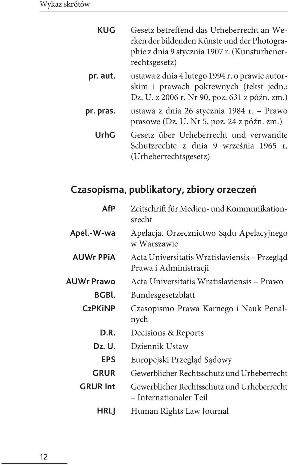 Prawo prasowe (Dz. U. Nr 5, poz. 24 z późn. zm.) Gesetz über Urheberrecht und verwandte Schutzrechte z dnia 9 września 1965 r. (Urheberrechtsgesetz) Czasopisma, publikatory, zbiory orzeczeń AfP Apel.