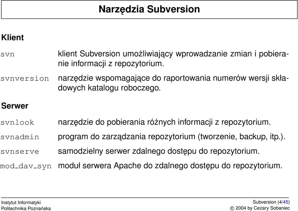 Serwer svnlook svnadmin svnserve mod dav syn narzędzie do pobierania różnych informacji z repozytorium.