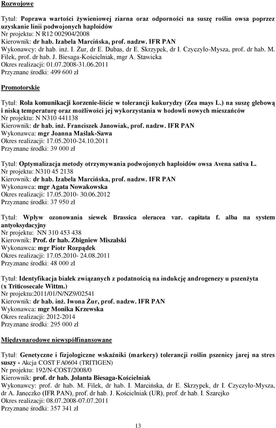 Stawicka Okres realizacji: 01.07.2008-31.06.2011 Przyznane środki: 499 600 zł Promotorskie Tytuł: Rola komunikacji korzenie-liście w tolerancji kukurydzy (Zea mays L.