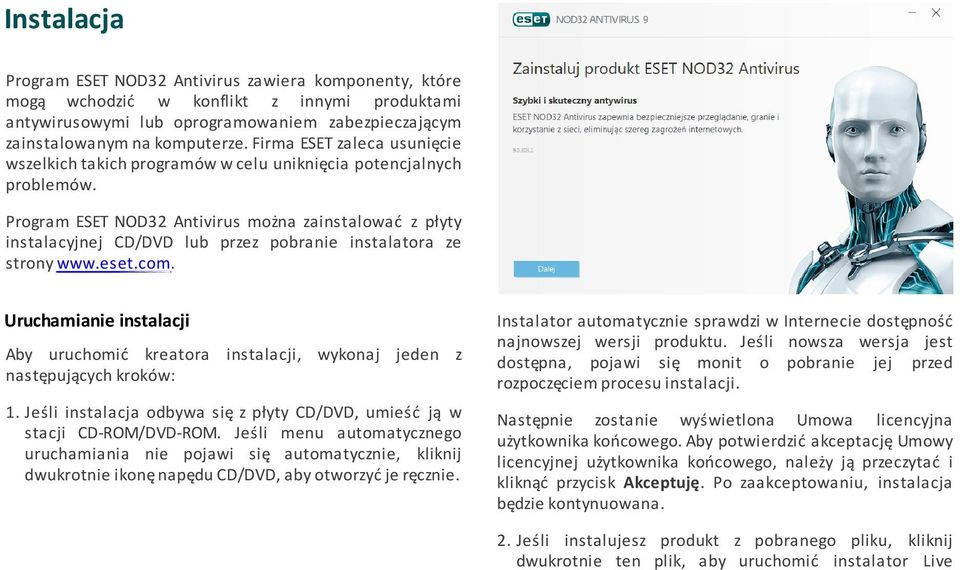 Program ESET NOD32 Antivirus można zainstalować z płyty instalacyjnej CD/DVD lub przez pobranie instalatora ze strony www.eset.com.