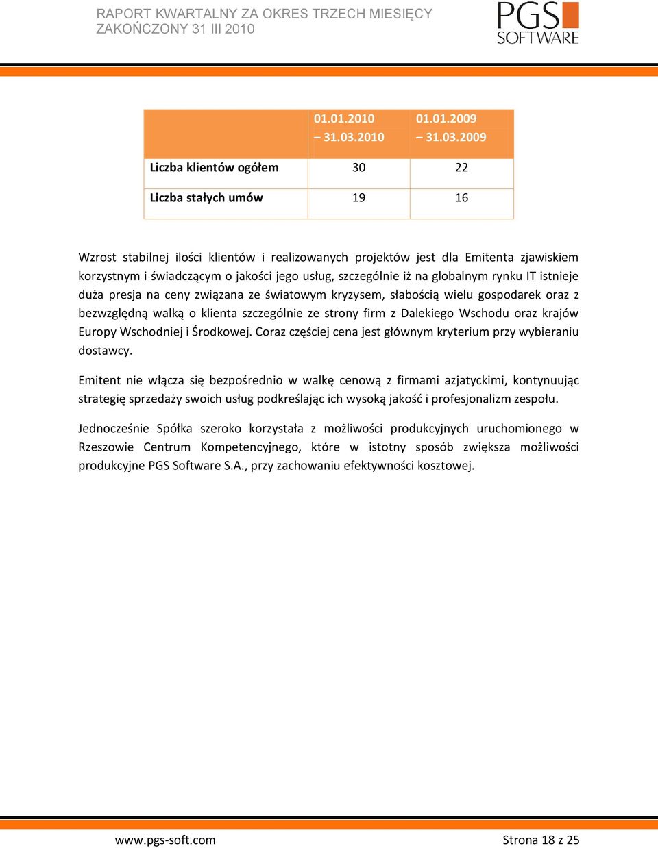2009 Liczba klientów ogółem 30 22 Liczba stałych umów 19 16 Wzrost stabilnej ilości klientów i realizowanych projektów jest dla Emitenta zjawiskiem korzystnym i świadczącym o jakości jego usług,