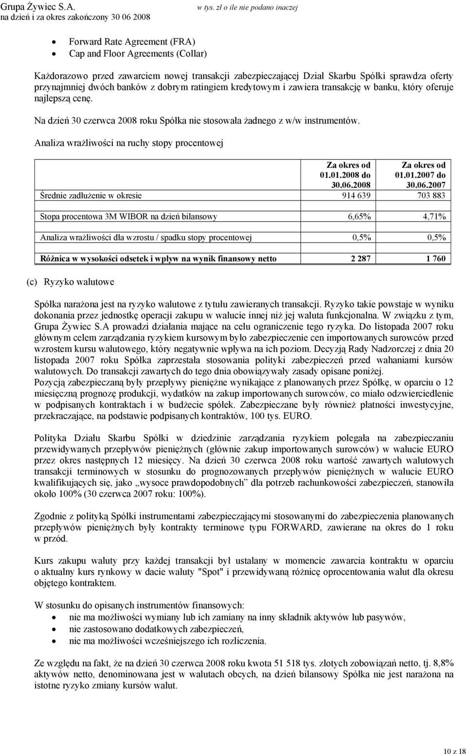 Analiza wrażliwości na ruchy stopy procentowej Za okres od 01.01.2008 do 30.06.