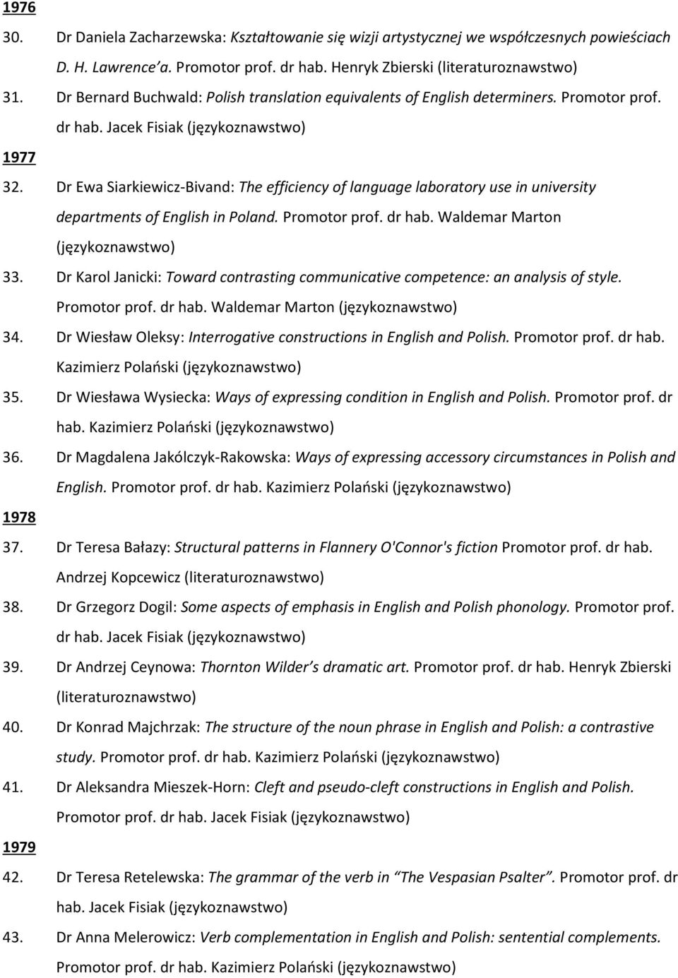 Dr Ewa Siarkiewicz-Bivand: The efficiency of language laboratory use in university departments of English in Poland. Promotor prof. dr hab. Waldemar Marton 33.