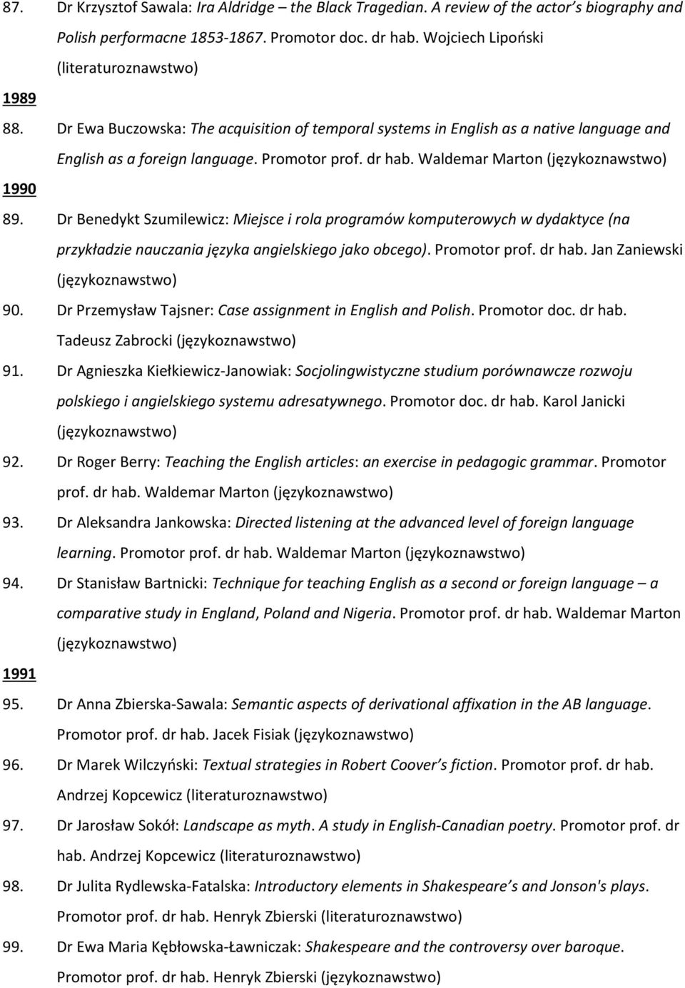 Dr Benedykt Szumilewicz: Miejsce i rola programów komputerowych w dydaktyce (na przykładzie nauczania języka angielskiego jako obcego). Promotor prof. dr hab. Jan Zaniewski 90.