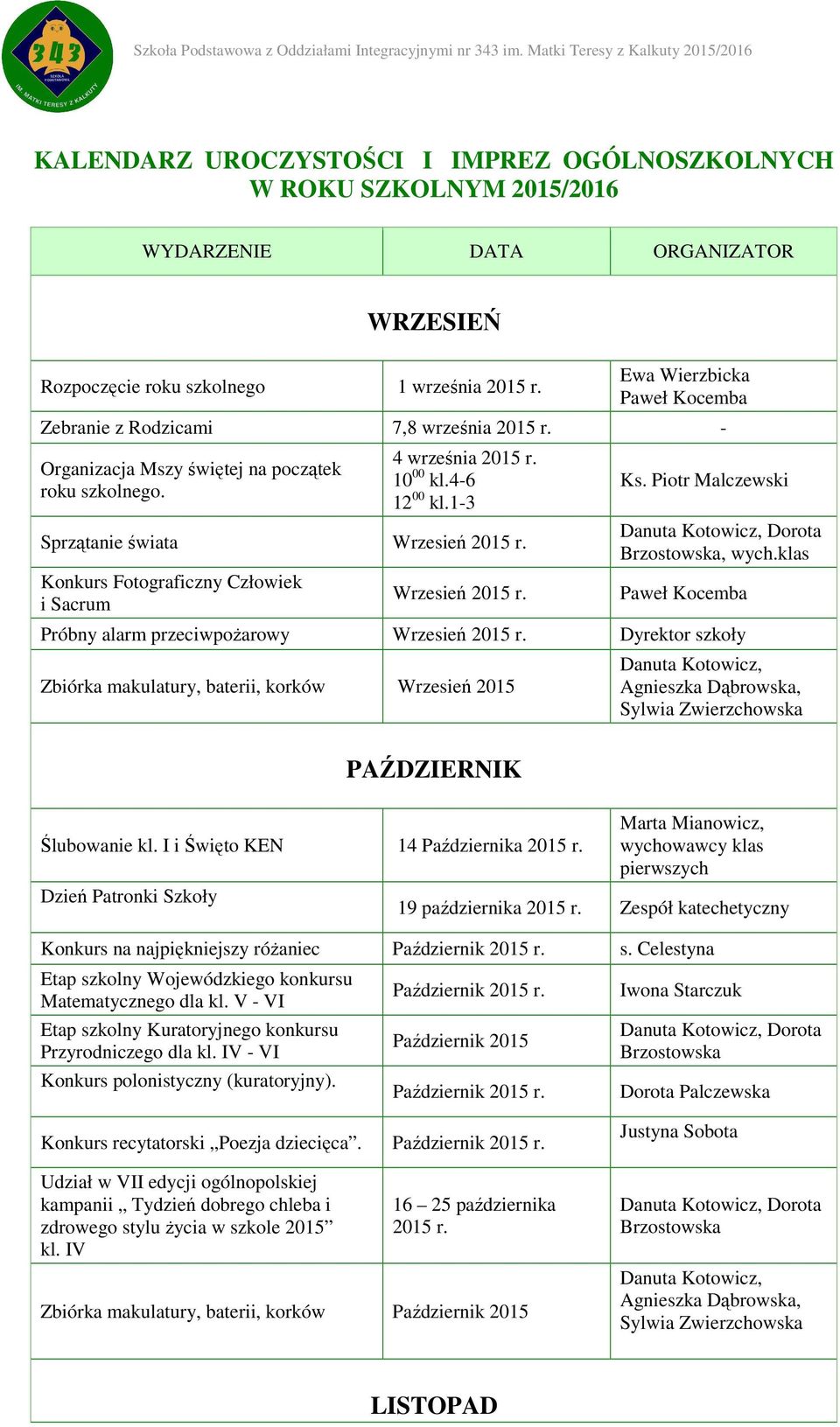 Ewa Wierzbicka Zebranie z Rodzicami 7,8 września 2015 r. - Organizacja Mszy świętej na początek roku szkolnego. 4 września 2015 r. 10 00 kl.4-6 12 00 kl.1-3 Sprzątanie świata Wrzesień 2015 r.