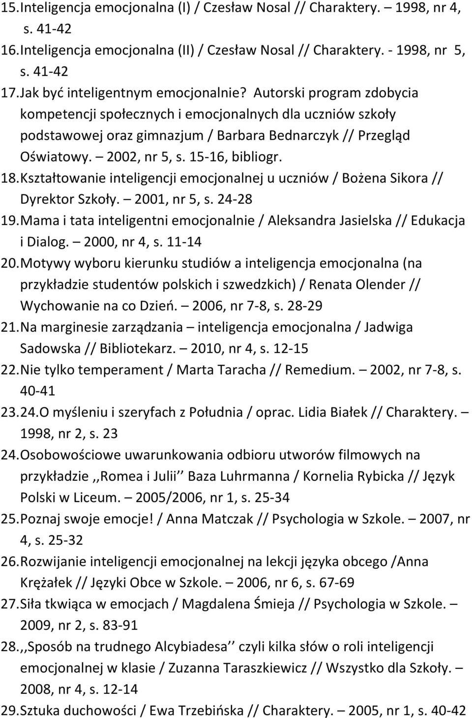 2002, nr 5, s. 15-16, bibliogr. 18. Kształtowanie inteligencji emocjonalnej u uczniów / Bożena Sikora // Dyrektor Szkoły. 2001, nr 5, s. 24-28 19.