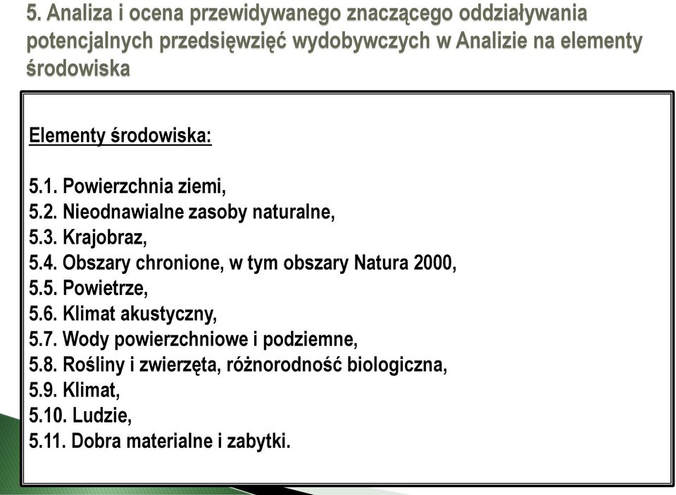 Krajobraz, 5.4. Obszary chronione, w tym obszary Natura 2000, 5.5. Powietrze, 5.6. Klimat akustyczny, 5.7.