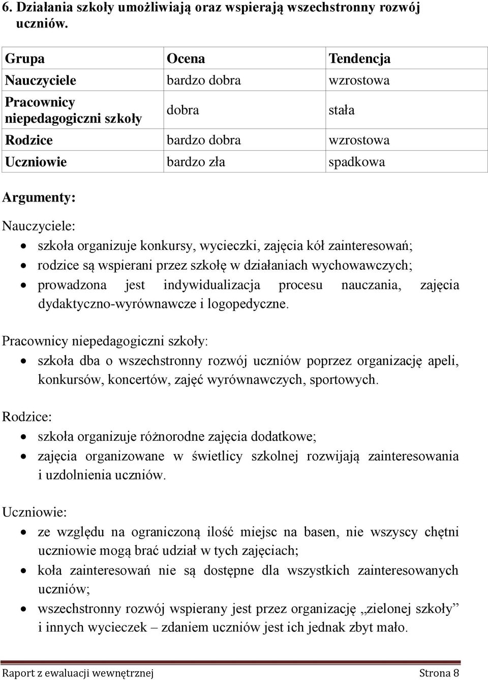 przez szkołę w działaniach wychowawczych; prowadzona jest indywidualizacja procesu nauczania, zajęcia dydaktyczno-wyrównawcze i logopedyczne.