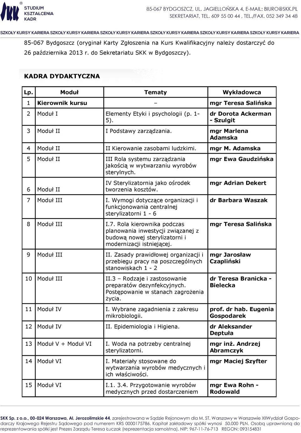 mgr Marlena Adamska 4 Moduł II II Kierowanie zasobami ludzkimi. mgr M. Adamska 5 Moduł II III Rola systemu zarządzania jakością w wytwarzaniu wyrobów sterylnych.