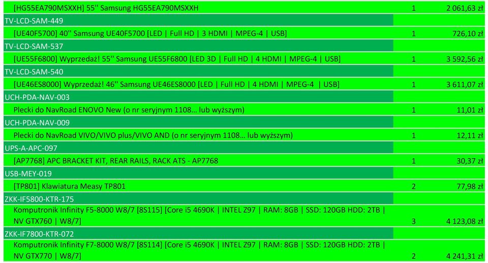 46'' Samsung UE46ES8000 [LED Full HD 4 HDMI MPEG-4 USB] 1 3 611,07 zł UCH-PDA-NAV-003 Plecki do NavRoad ENOVO New (o nr seryjnym 1108 lub wyższym) 1 11,01 zł UCH-PDA-NAV-009 Plecki do NavRoad