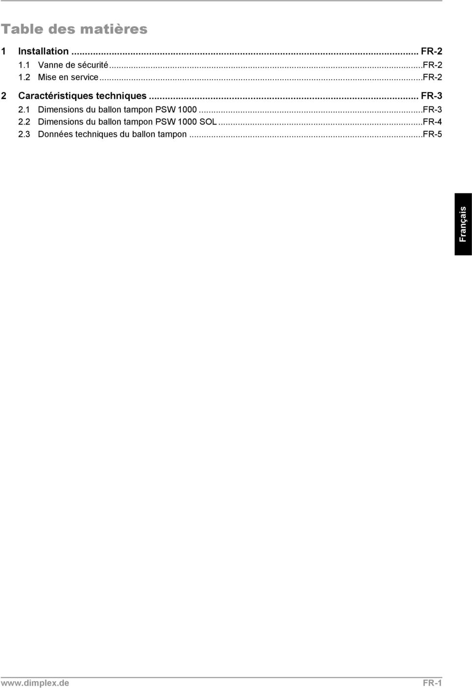 1 Dimensions du ballon tampon PSW 1000...FR-3 2.
