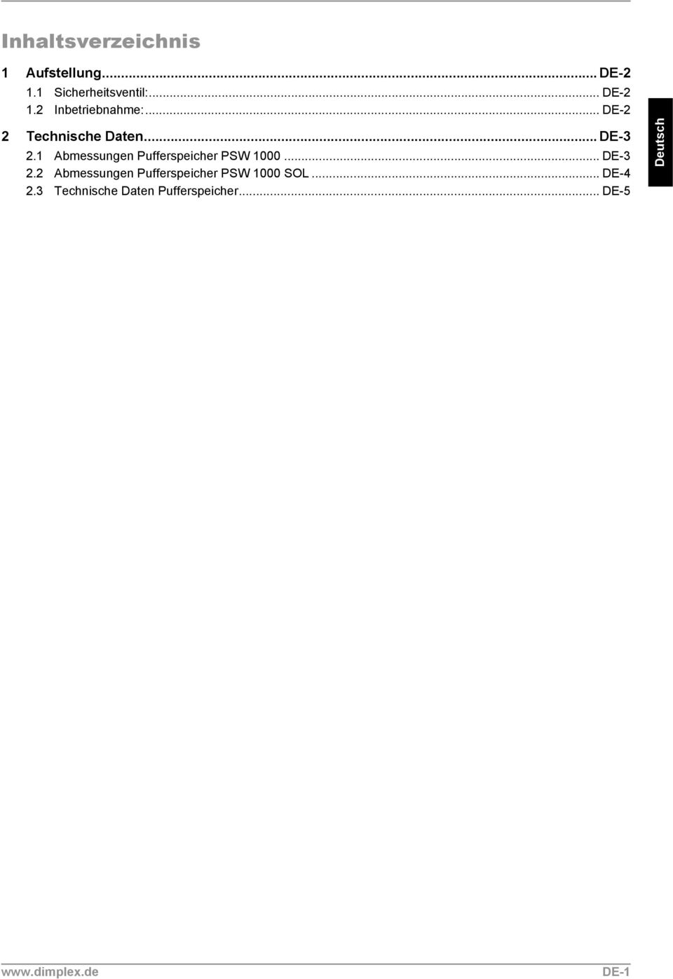 ..DE-3 2.2 Abmessungen Pufferspeicher PSW 1000 SOL... DE-4 2.