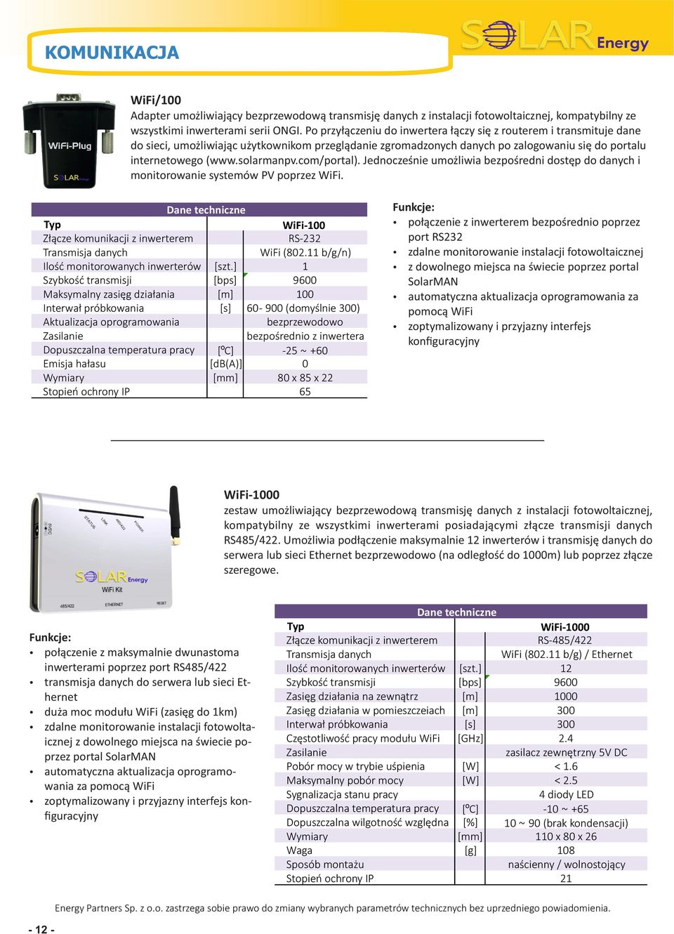 com/portal). Jednocześnie umożliwia bezpośredni dostęp do danych i monitorowanie systemów PV poprzez WiFi. Dane techniczne WiFi-100 Złącze komunikacji z inwerterem RS-3 Transmisja danych WiFi (80.