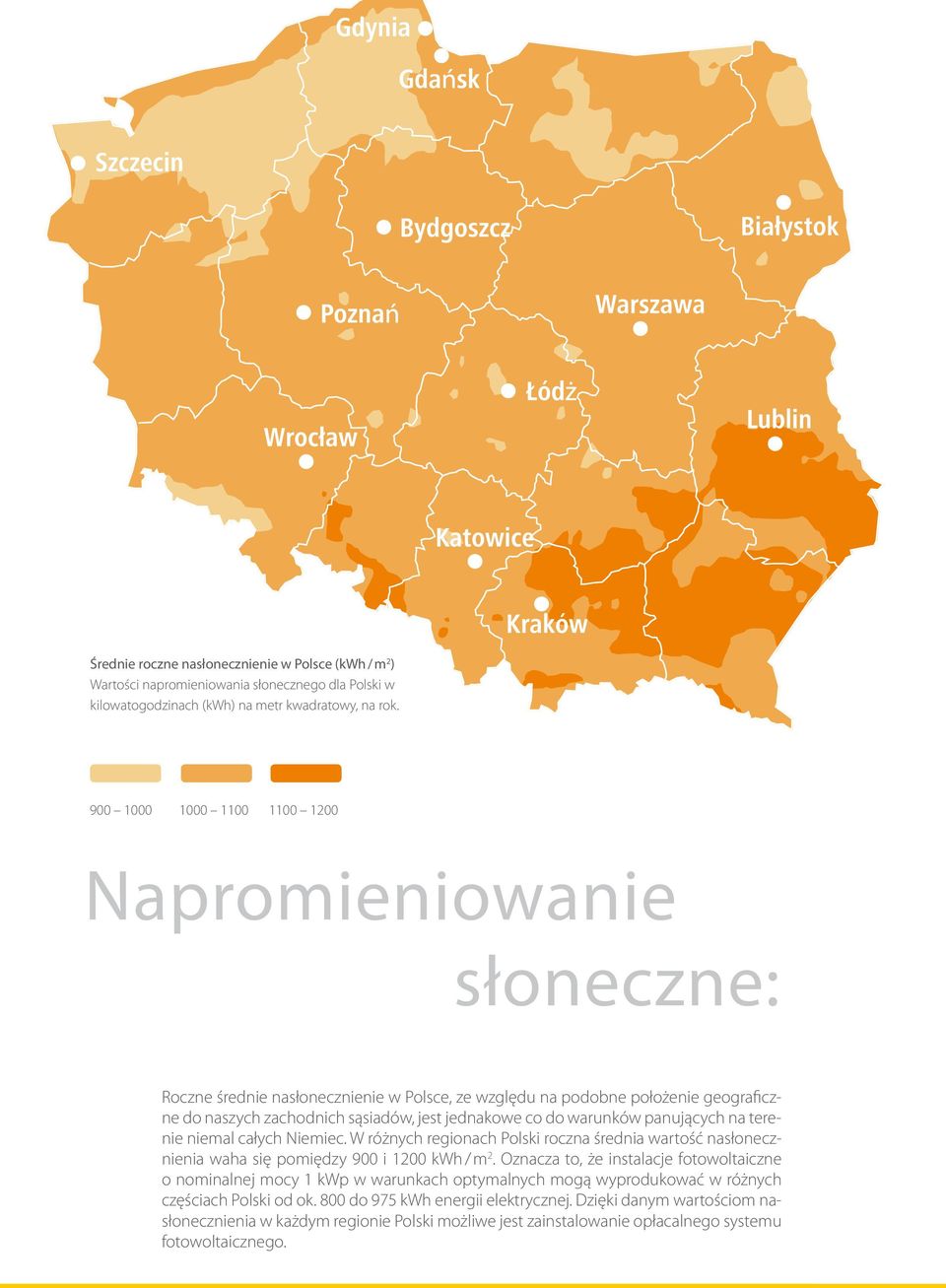 warunków panujących na terenie niemal całych Niemiec. W różnych regionach Polski roczna średnia wartość nasłonecznienia waha się pomiędzy 900 i 1200 kwh / m 2.