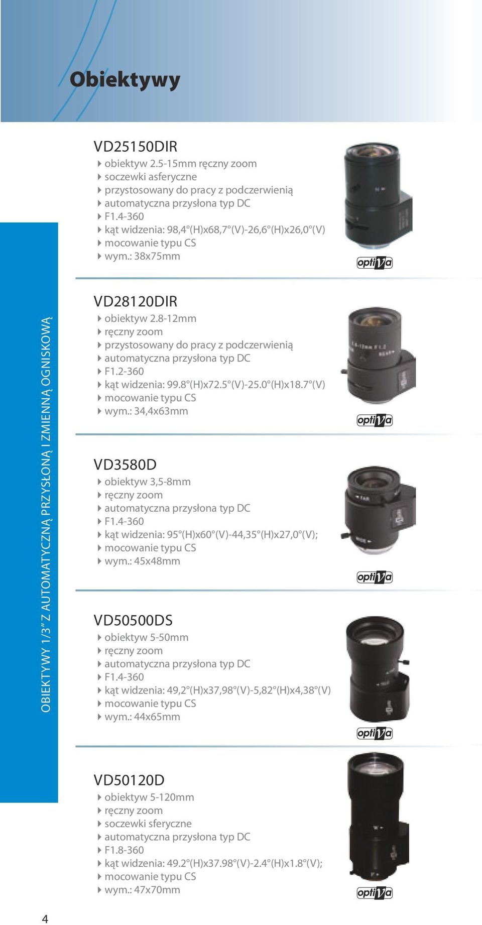 8-12mm ręczny zoom przystosowany do pracy z podczerwienią automatyczna przysłona typ DC F1.2-360 kąt widzenia: 99.8 (H)x72.5 (V)-25.0 (H)x18.7 (V) mocowanie typu CS wym.