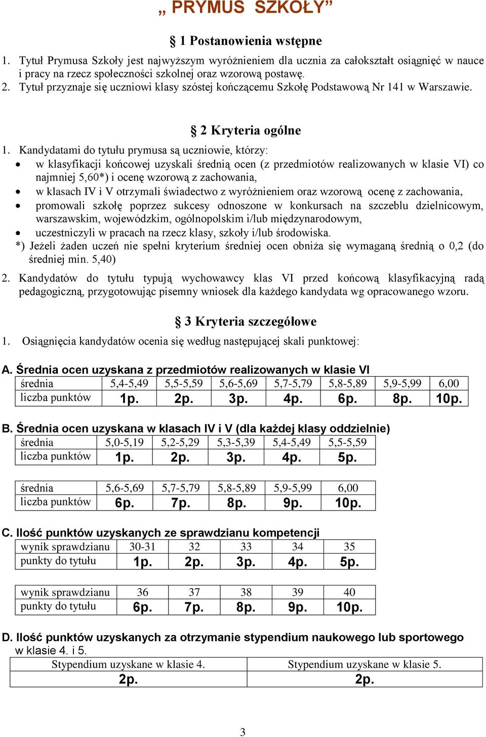 Kandydatami do tytułu prymusa są uczniowie, którzy: w klasyfikacji końcowej uzyskali średnią ocen (z przedmiotów realizowanych w klasie VI) co najmniej 5,60*) i ocenę wzorową z zachowania, w klasach