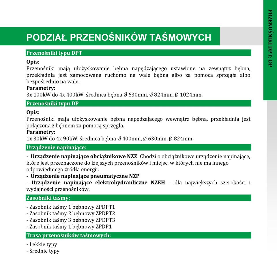 Przenośniki typu DP Opis: Przenośniki mają ułożyskowanie bębna napędzającego wewnątrz bębna, przekładnia jest połączona z bębnem za pomocą sprzęgła.