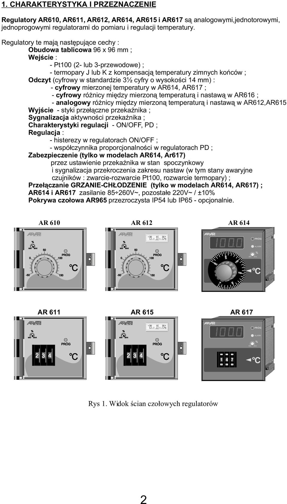 standardzie 3½ cyfry o wysokoúci mm) : - cyfrowy mierzonej temperatury w AR6, AR617 ; - cyfrowy ró nicy miêdzy mierzon¹ temperatur¹ i nastaw¹ w AR616 ; - analogowy ró nicy miêdzy mierzon¹ temperatur¹