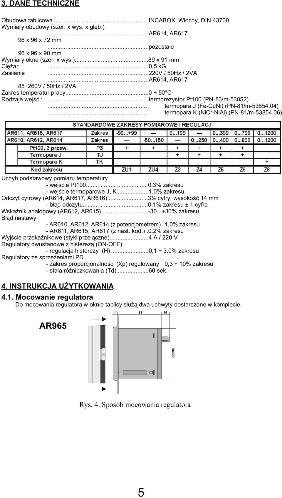 .. termopara K (NiCr-NiAl) (PN-81/m-53854.06) Uchyb podstawowy pomiaru temperatury - wejœcie Pt100...0,3% zakresu - wejœcie termoparowe J, K...1,0% zakresu Odczyt cyfrowy (AR6, AR617, AR616).