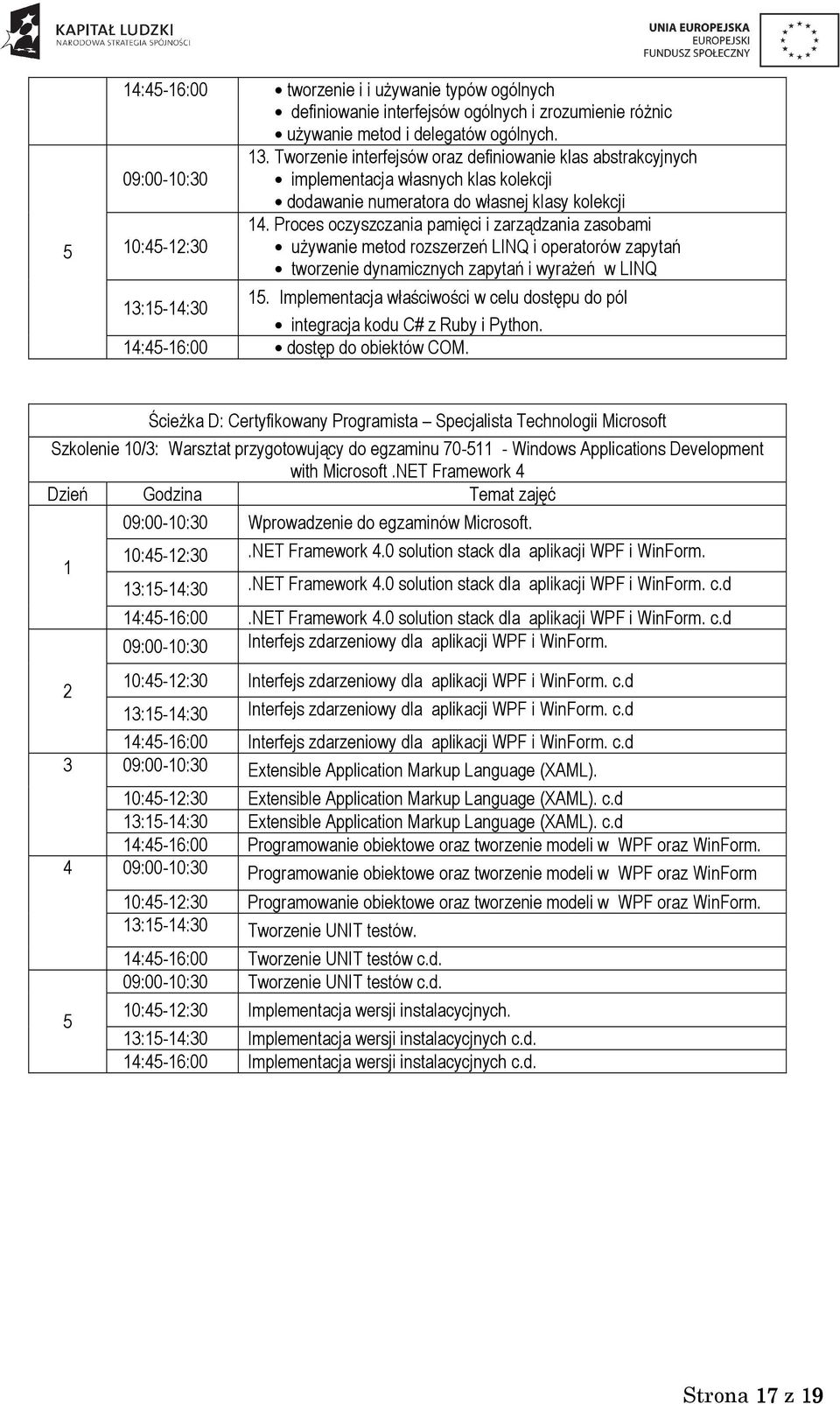 Proces oczyszczania pamięci i zarządzania zasobami uŝywanie metod rozszerzeń LINQ i operatorów zapytań tworzenie dynamicznych zapytań i wyraŝeń w LINQ 5.