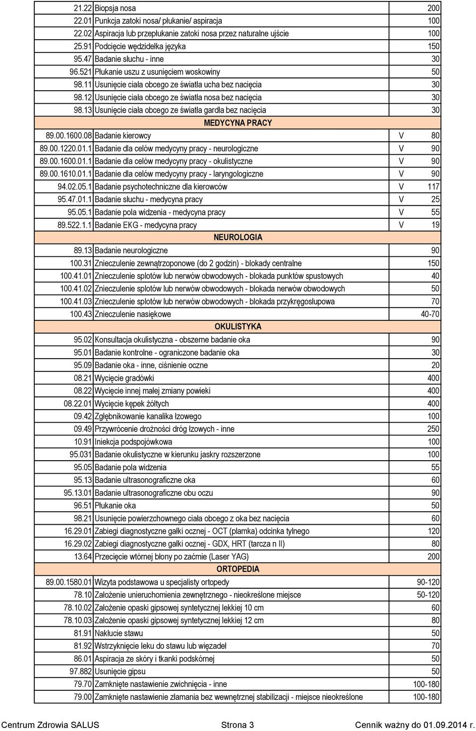 13 Usunięcie ciała obcego ze światła gardła bez nacięcia 30 MEDYCYNA PRACY 89.00.1600.08 Badanie kierowcy V 80 89.00.1220.01.1 Badanie dla celów medycyny pracy - neurologiczne V 90 89.00.1600.01.1 Badanie dla celów medycyny pracy - okulistyczne V 90 89.