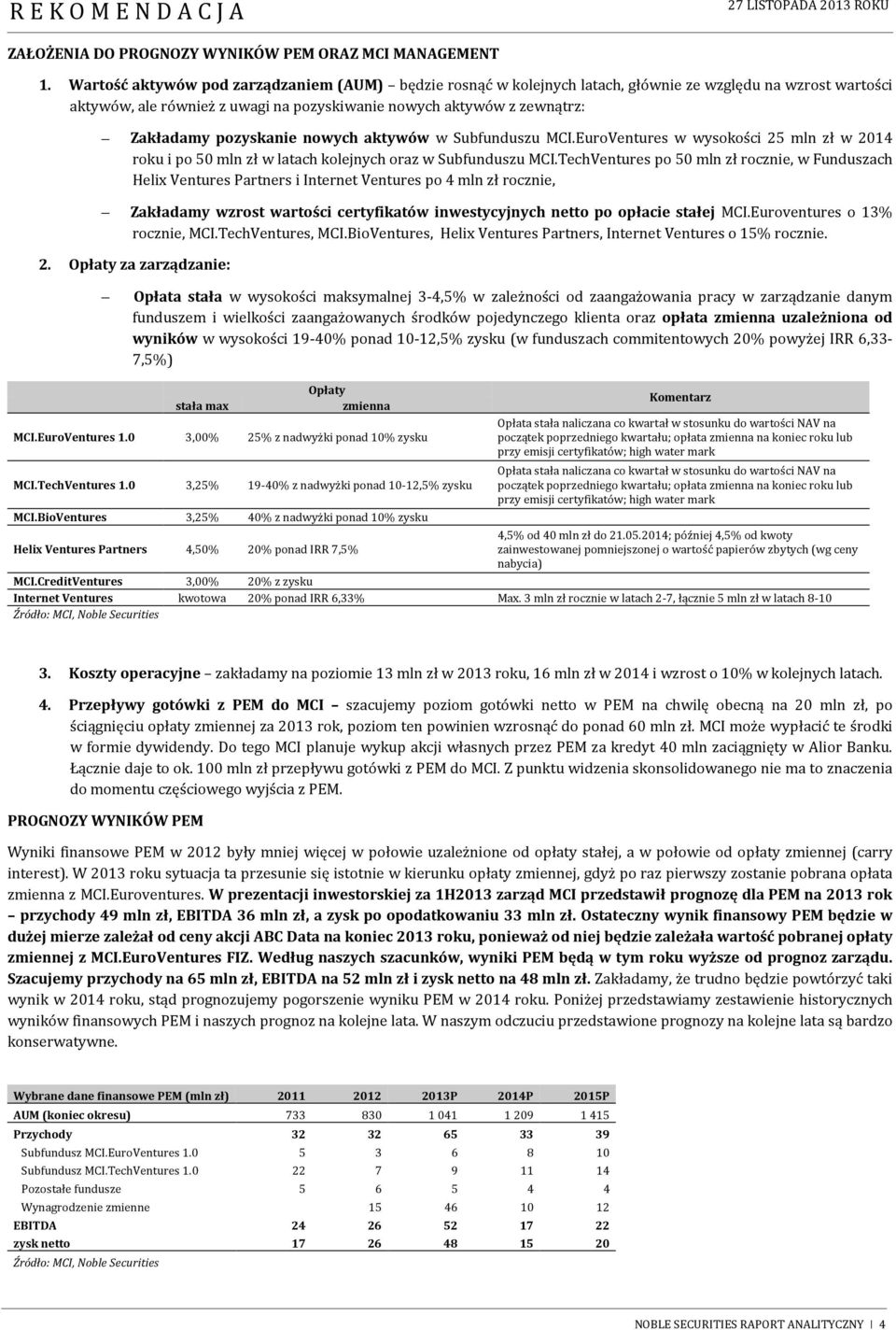 pozyskanie nowych aktywów w Subfunduszu MCI.EuroVentures w wysokości 25 mln zł w 2014 roku i po 50 mln zł w latach kolejnych oraz w Subfunduszu MCI.