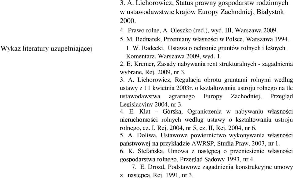 Kremer, Zasady nabywania rent strukturalnych - zagadnienia wybrane, Rej. 2009, nr 3. 3. A. Lichorowicz, Regulacja obrotu gruntami rolnymi według ustawy z 11 kwietnia 2003r.