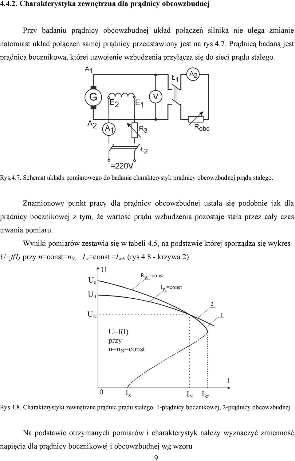 Prądnicą badaną jest prądnica bocznikowa, której uzwojenie wzbudzenia przyłącza się do sieci prądu stałego. A 1 Ł 1 A 2 G E 2 E 1 V A 2 A 1 R 3 R obc =220V Rys.4.7.