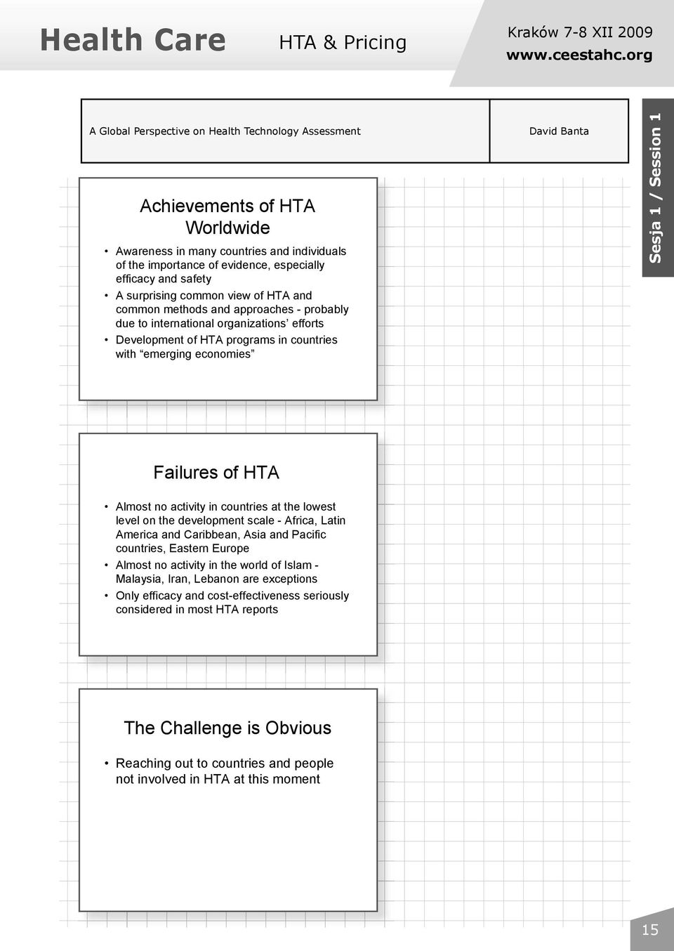 surprising common view of HTA and common methods and approaches - probably due to international organizations efforts Development of HTA programs in countries with emerging economies David Banta