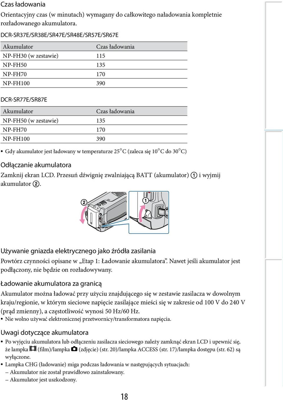 NP-FH70 170 NP-FH100 390 Gdy akumulator jest ładowany w temperaturze 25C (zaleca się 10C do 30C) Odłączanie akumulatora Zamknij ekran LCD.