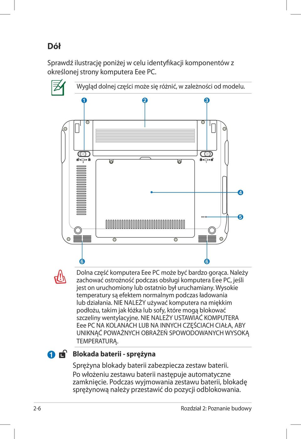 Wysokie temperatury są efektem normalnym podczas ładowania lub działania. NIE NALEŻY używać komputera na miękkim podłożu, takim jak łóżka lub sofy, które mogą blokować szczeliny wentylacyjne.