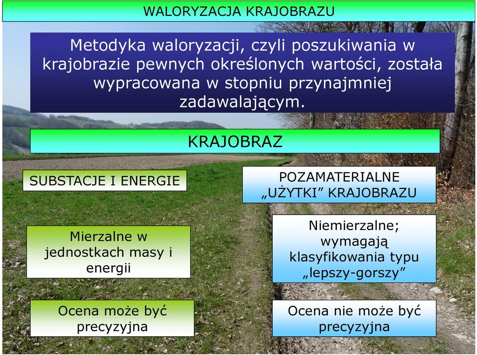 KRAJOBRAZ SUBSTACJE I ENERGIE Mierzalne w jednostkach masy i energii POZAMATERIALNE UŻYTKI