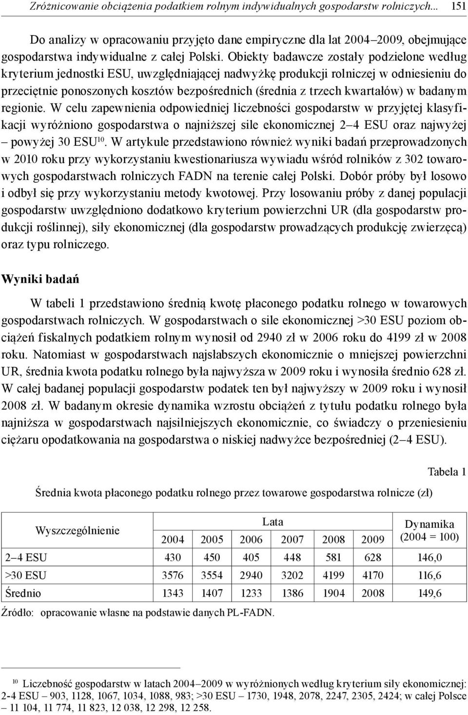 Obiekty badawcze zostały podzielone według kryterium jednostki ESU, uwzględniającej nadwyżkę produkcji rolniczej w odniesieniu do przeciętnie ponoszonych kosztów bezpośrednich (średnia z trzech