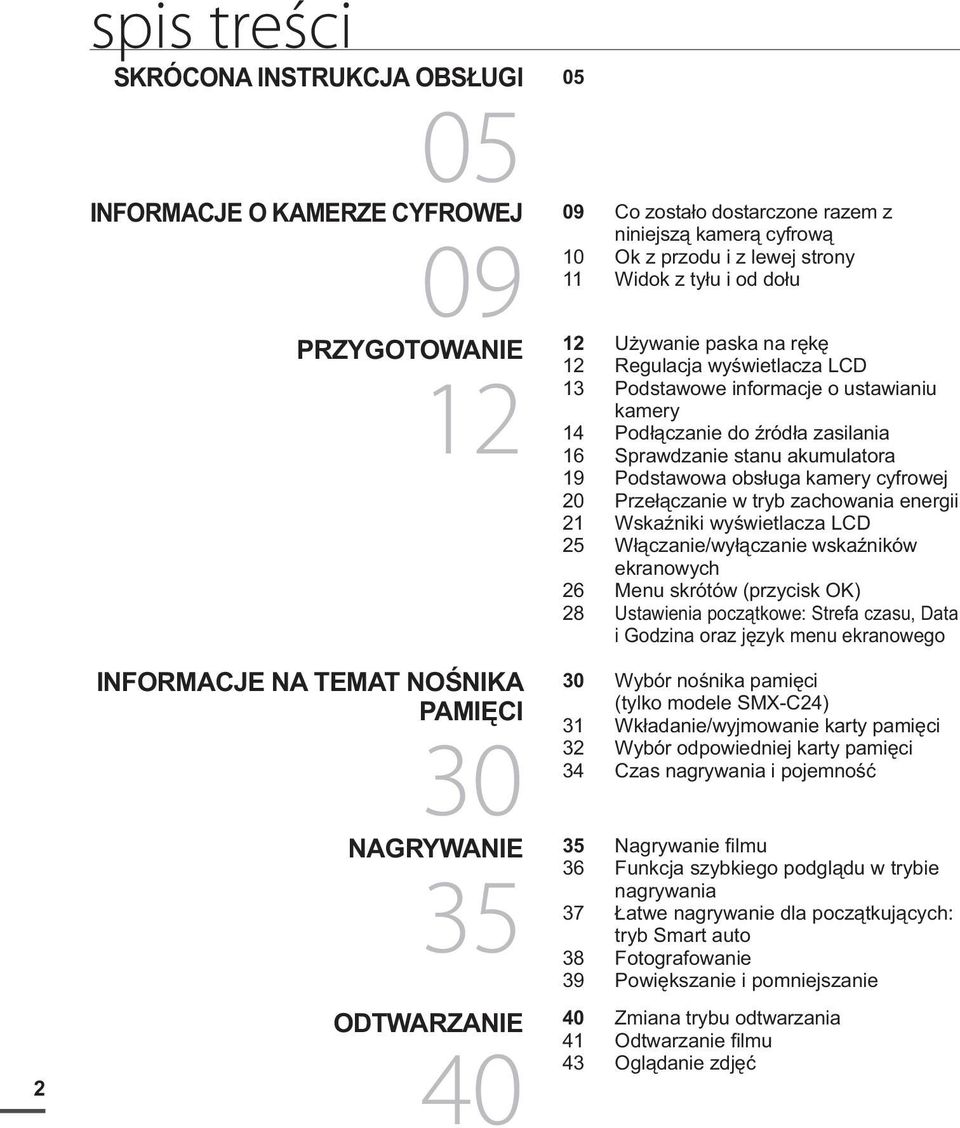 do źródła zasilania 16 Sprawdzanie stanu akumulatora 19 Podstawowa obsługa kamery cyfrowej 20 Przełączanie w tryb zachowania energii 21 Wskaźniki wyświetlacza LCD 25 Włączanie/wyłączanie wskaźników