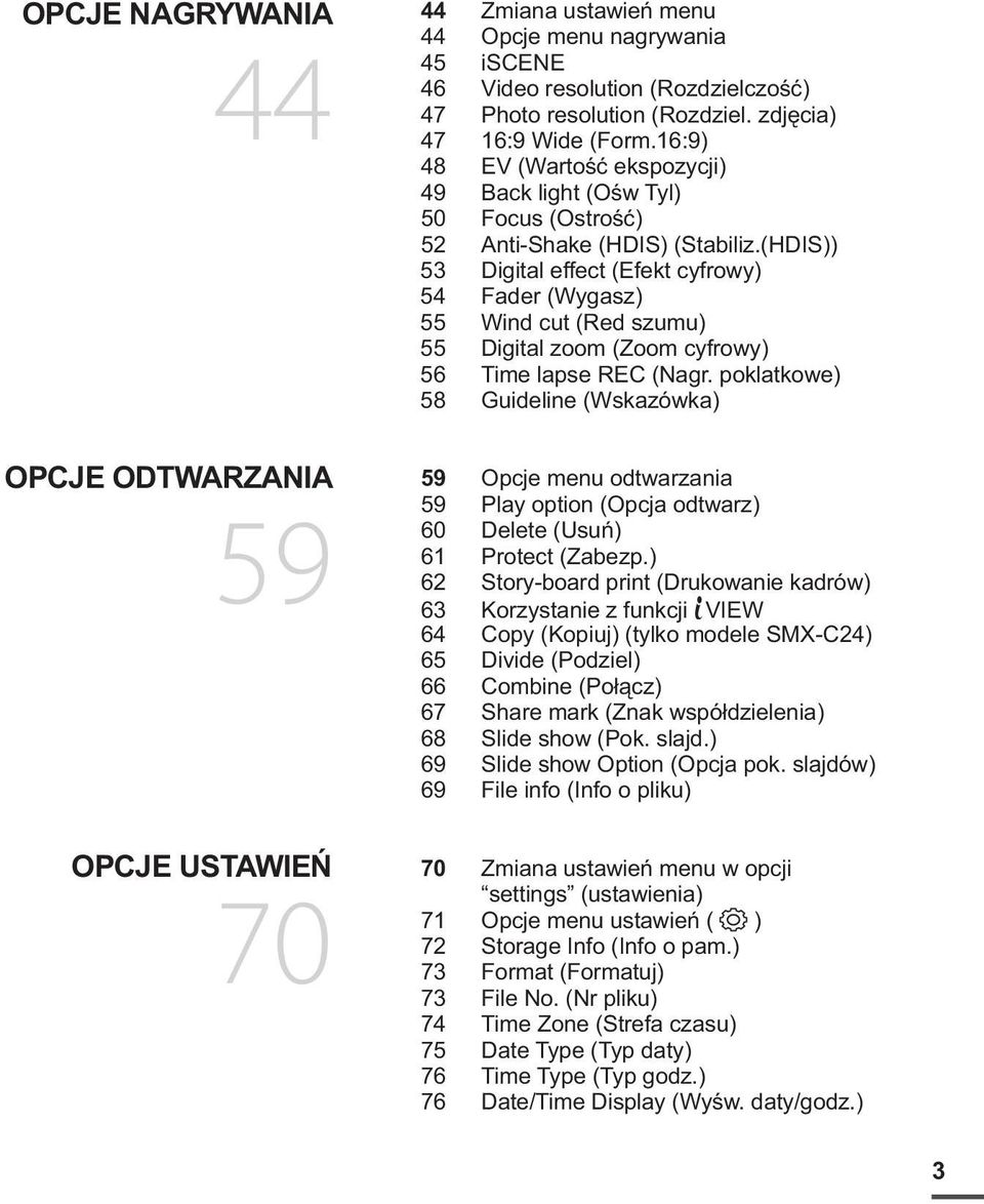 (HDIS)) 53 Digital effect (Efekt cyfrowy) 54 Fader (Wygasz) 55 Wind cut (Red szumu) 55 Digital zoom (Zoom cyfrowy) 56 Time lapse REC (Nagr.