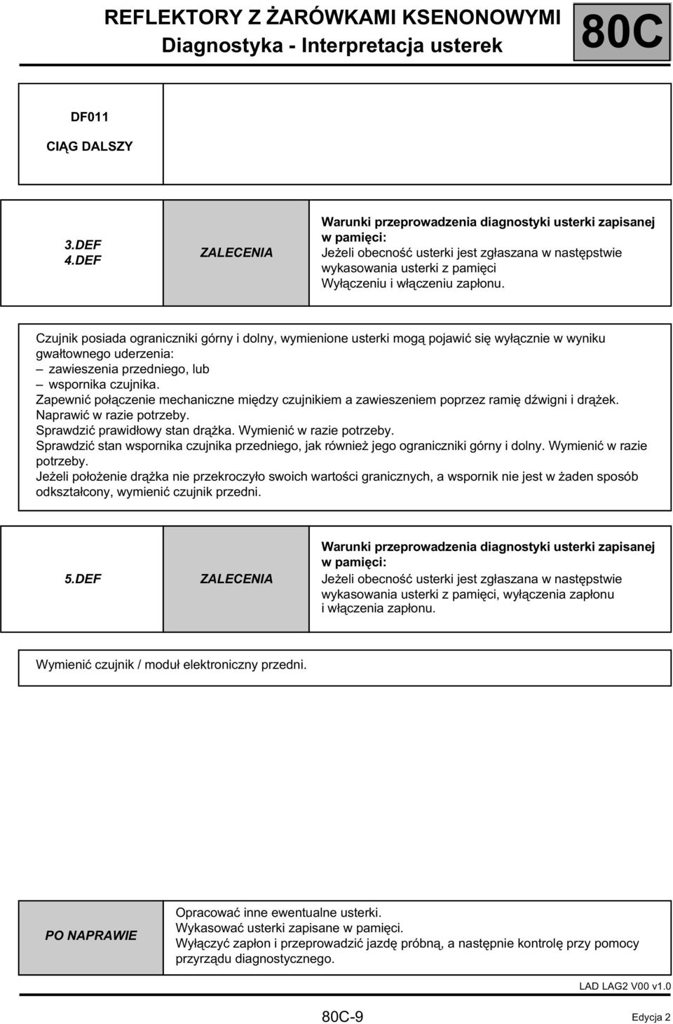 Czujnik posiada ograniczniki górny i dolny, wymienione usterki mogą pojawić się wyłącznie w wyniku gwałtownego uderzenia: zawieszenia przedniego, lub wspornika czujnika.