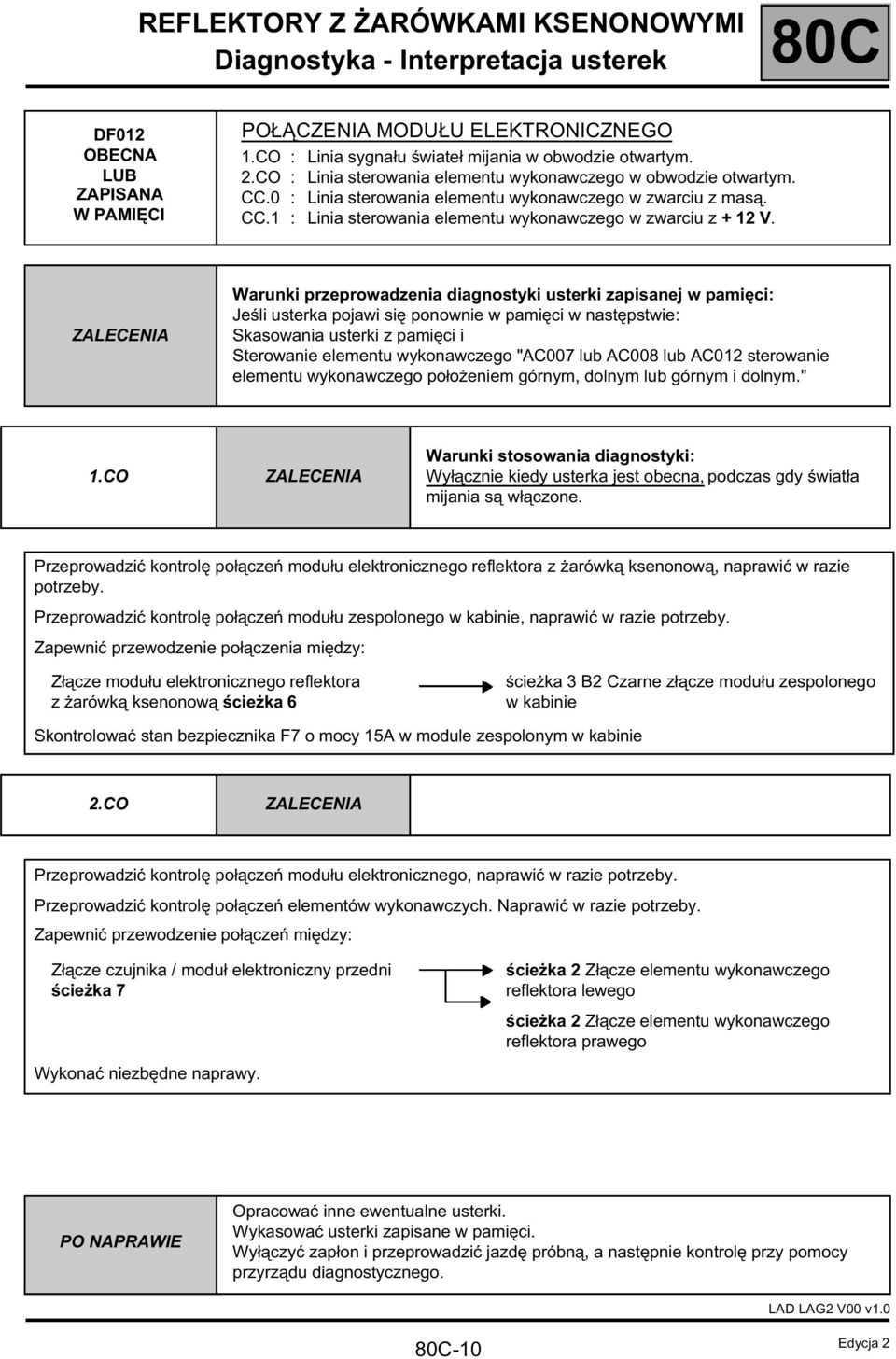 Warunki przeprowadzenia diagnostyki usterki zapisanej w pamięci: Jeśli usterka pojawi się ponownie w pamięci w następstwie: Skasowania usterki z pamięci i Sterowanie elementu wykonawczego "AC007 lub