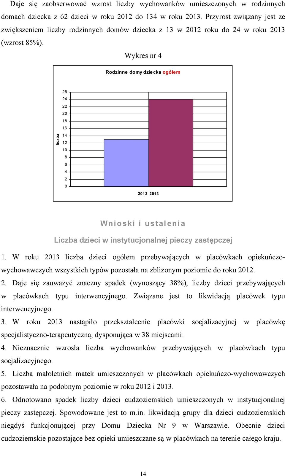 Wykres nr 4 Rodzinne domy dziecka ogółem liczba 26 24 22 20 18 16 14 12 10 8 6 4 2 0 2012 2013 Wnioski i ustalenia Liczba dzieci w instytucjonalnej pieczy zastępczej 1.