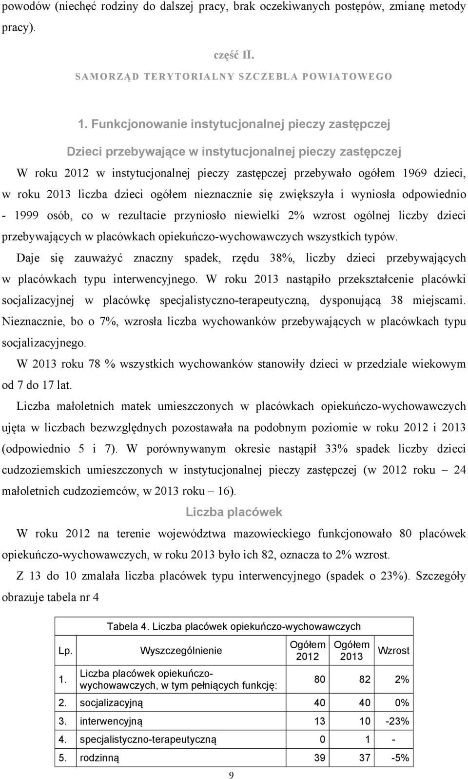 liczba dzieci ogółem nieznacznie się zwiększyła i wyniosła odpowiednio - 1999 osób, co w rezultacie przyniosło niewielki 2% wzrost ogólnej liczby dzieci przebywających w placówkach