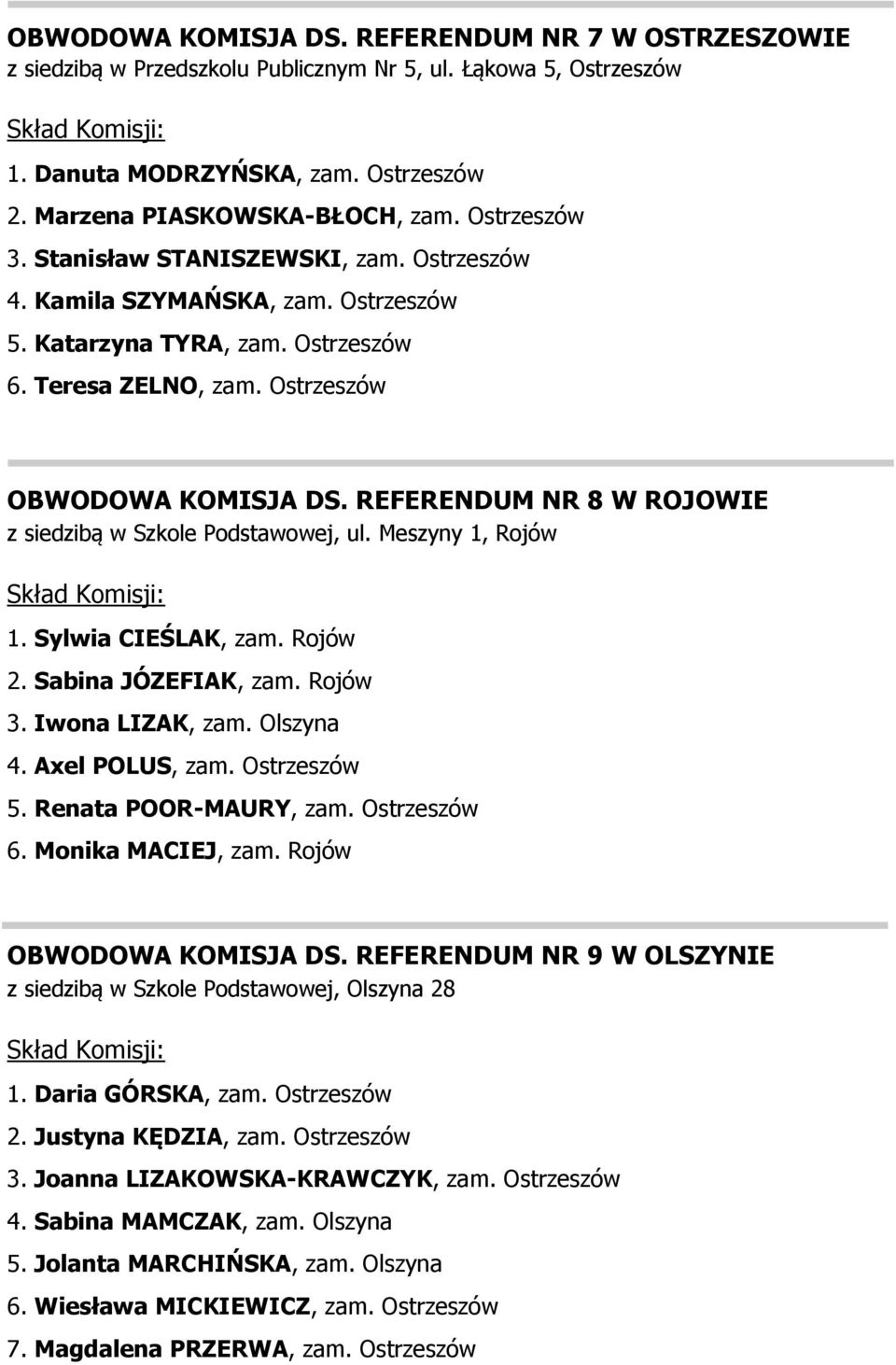 REFERENDUM NR 8 W ROJOWIE z siedzibą w Szkole Podstawowej, ul. Meszyny 1, Rojów 1. Sylwia CIEŚLAK, zam. Rojów 2. Sabina JÓZEFIAK, zam. Rojów 3. Iwona LIZAK, zam. Olszyna 4. Axel POLUS, zam.